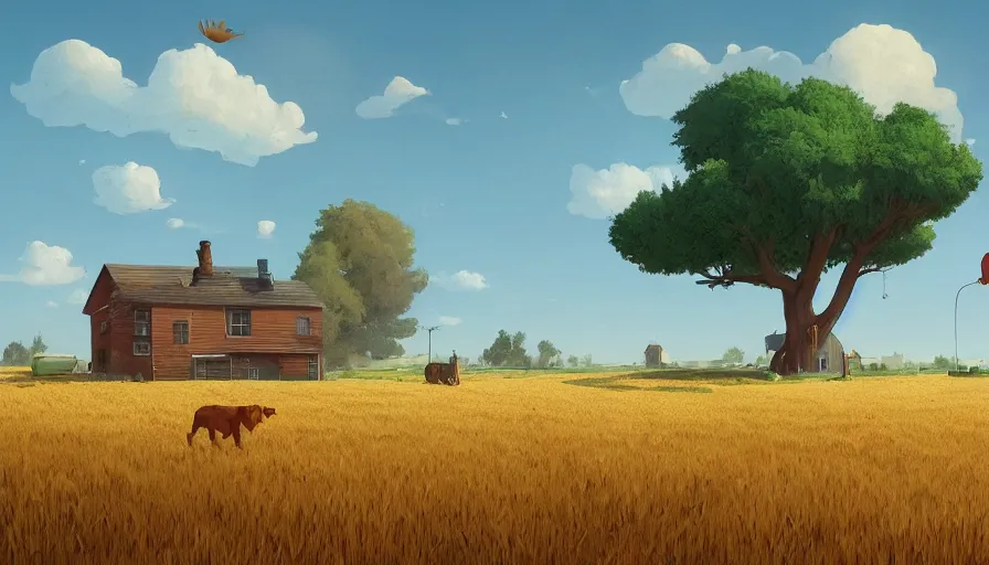 Image similar to gigantic cat next to the small house, wheat field harvesting, big tree, matte painting, art station, blue sky, simon stalenhag