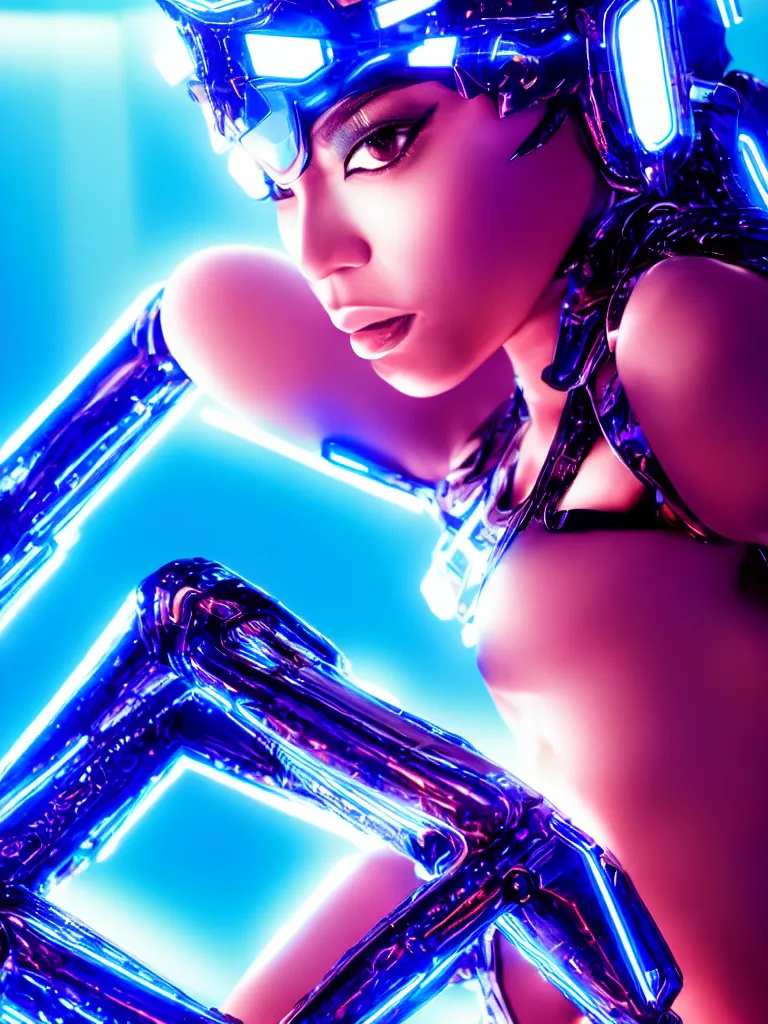 Image similar to cinematic, portrait photography, a beautiful beyonce cyborg, perfect bionic body, blue chrome armor, neon holographic ui data displays, blue led details, hajime sorayama, masamune shirow, tron, symmetrical pose, octane rendered, 4 k, lens flare,