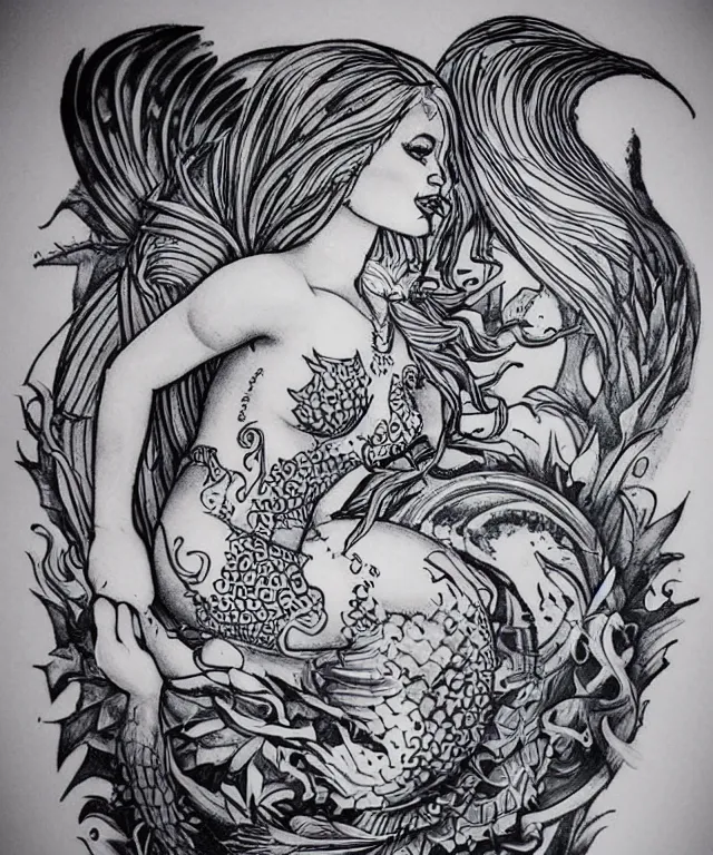 Image similar to tattoo design illustration, black ink on white paper, beautiful mermaid, full body