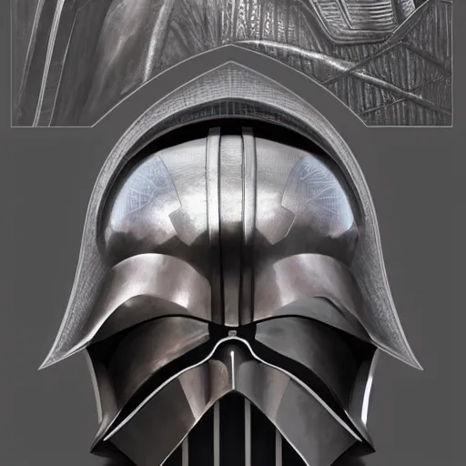 Prompt: perfectly - centered - 3 d of a templar knight helmet design inspired by darth vader, intricate, highly detailed, digital painting, artstation, concept art, smooth, sharp focus, illustration, unreal engine 5, 8 k, art by artgerm and greg rutkowski and alphonse mucha