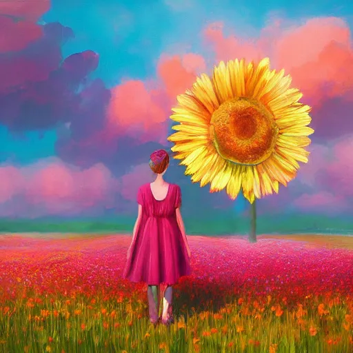 Prompt: giant daisy flower head, full body girl standing in a flower field, surreal photography, sunrise, dramatic light, impressionist painting, colorful clouds, digital painting, artstation, simon stalenhag