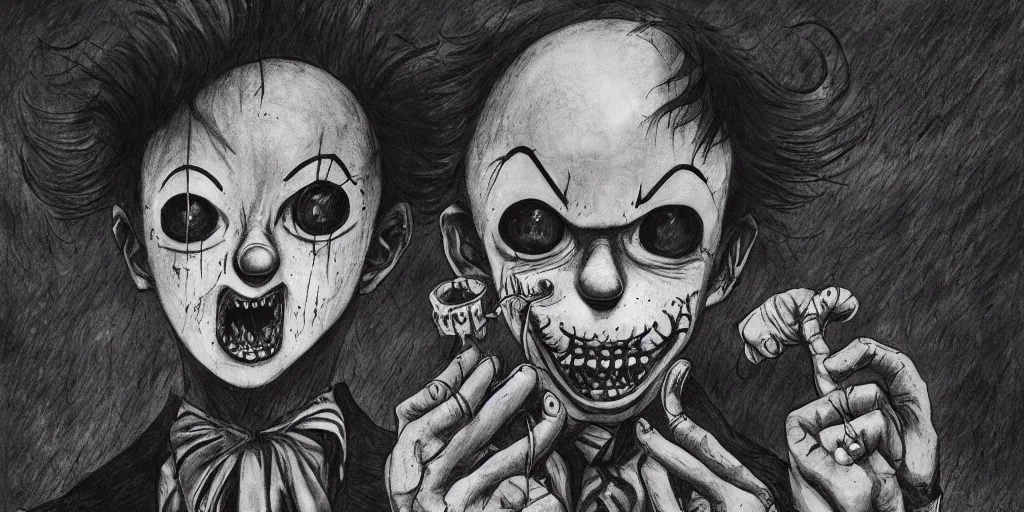 Image similar to A clown holding a balloon , horror, creepy, dark, manga,, pencil, inspired by junji ito, superior quality, masterpiece