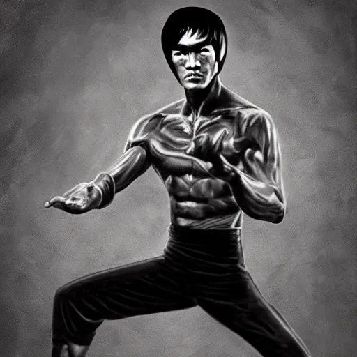 Image similar to bruce lee training with wooden dummy at temple dojo intricate, elegant, highly detailed, digital painting, artstation, concept art, matte, sharp focus, illustration gold filigree wallpaper