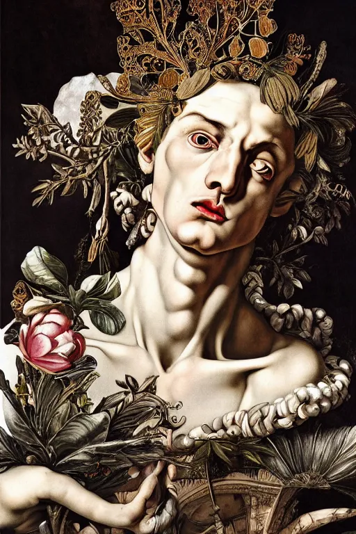 Image similar to Detailed maximalist portrait a Greek god with large lips and with large white eyes, exasperated expression, fleshy skeletal, botany, HD mixed media 3d collage, highly detailed and intricate, surreal illustration in the style of Caravaggio, dark art, baroque