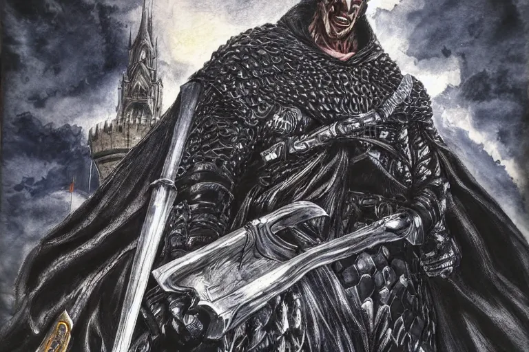 Prompt: guts, big black sword, detailed face, high detail, castle background, colourful, epic scene, high contrast, by kentaro miura