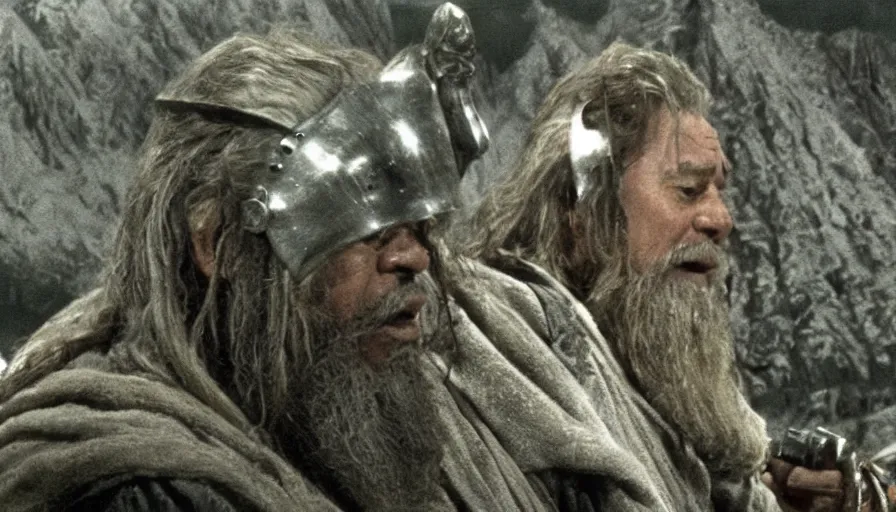 Prompt: morgan freeman as gimli in lord of the rings, cnn news footage taken from above.