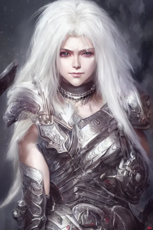 Prompt: A realistic anime portrait of a white haired female barbarian wearing an intricate armor, digital painting, by Stanley Artgerm Lau, Sakimichan, WLOP and Rossdraws, digtial painting, trending on ArtStation, SFW version