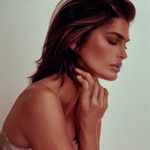 Prompt: Portrait photo of a Cindy Crawford posed in profile, eyes closed, natural makeup, studio lighting, highly detailed, cinestill 800t