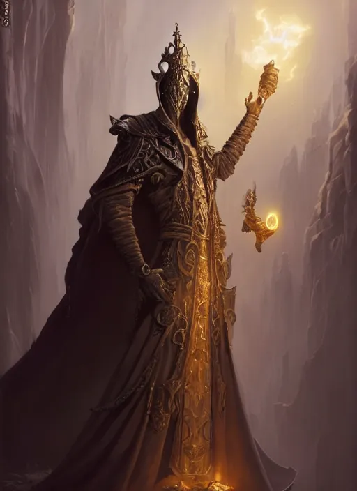 Image similar to slender high priest with dark and white and robe with golden elements, subsurface scattering, by jesper ejsing, justin gerard, tomasz alen kopera, cgsociety and fenghua zhong, highly detailed, rim light, cinematic lighting, illustration, art, octane render, very coherent, cinematic, hyper realism, high detail, octane render, 8 k