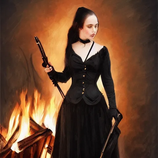 Image similar to a beautiful young woman, pale skin, black long hair, aristocrat, black expensive dress from 1 8 6 0, holding a rifle, illuminated by campfire, oil painting, digital art, studio photo, realistic, artstation, high quality, wild west