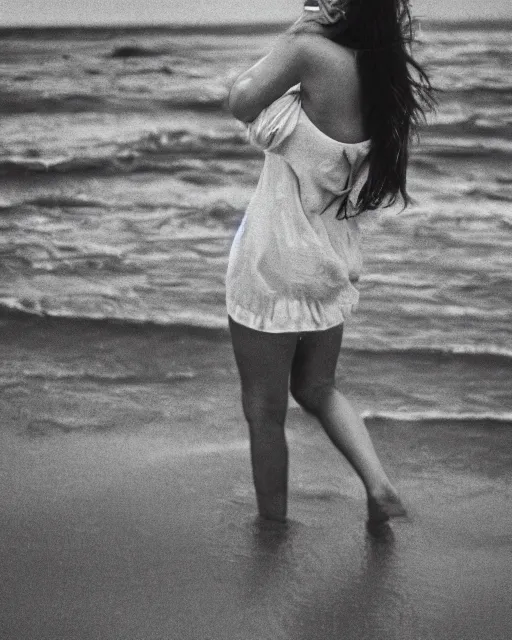 Image similar to a black and white photograph of a beautiful woman on the beach, realistic, vintage, antiqued look, grainy film