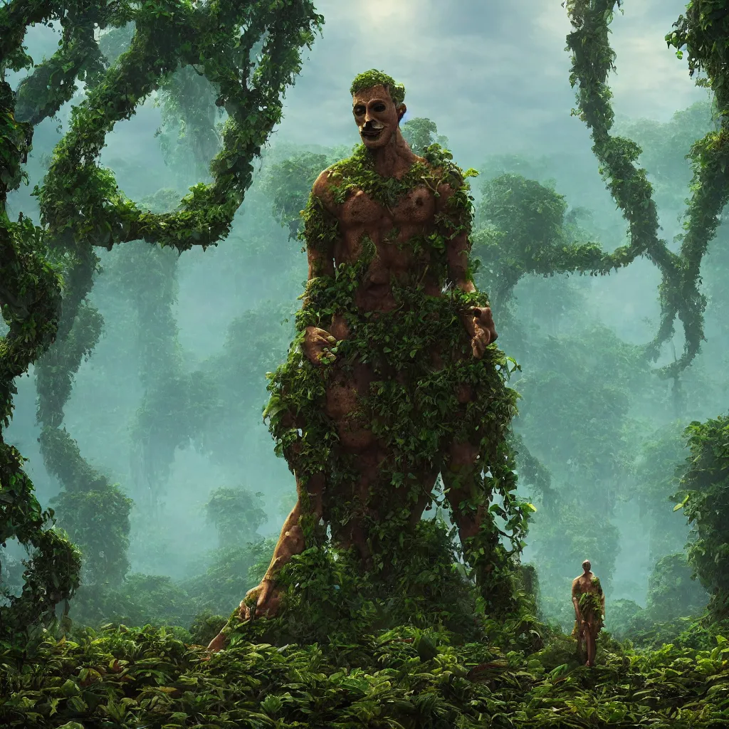 Image similar to giant anonymous statue, beautiful jungle landscape, beautiful vines growing, in the style of beeple and mike winkelmann, intricate, epic lighting, cinematic composition, hyper realistic, 8 k resolution, unreal engine 5, raytracing, reflections, happy colors