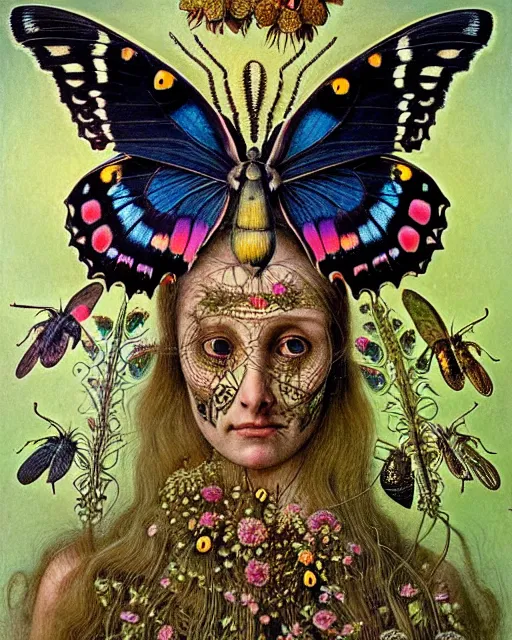 Prompt: realistic detailed face portrait of the beutiful and young death's head hawk moth queen with an intricate headdress of butterflies and bugs, plants and flowers, art by ernst haeckel, zdzisław beksinski, hieronymus bosch, gothic, neo - gothic, ornamental, beautiful deep colours,