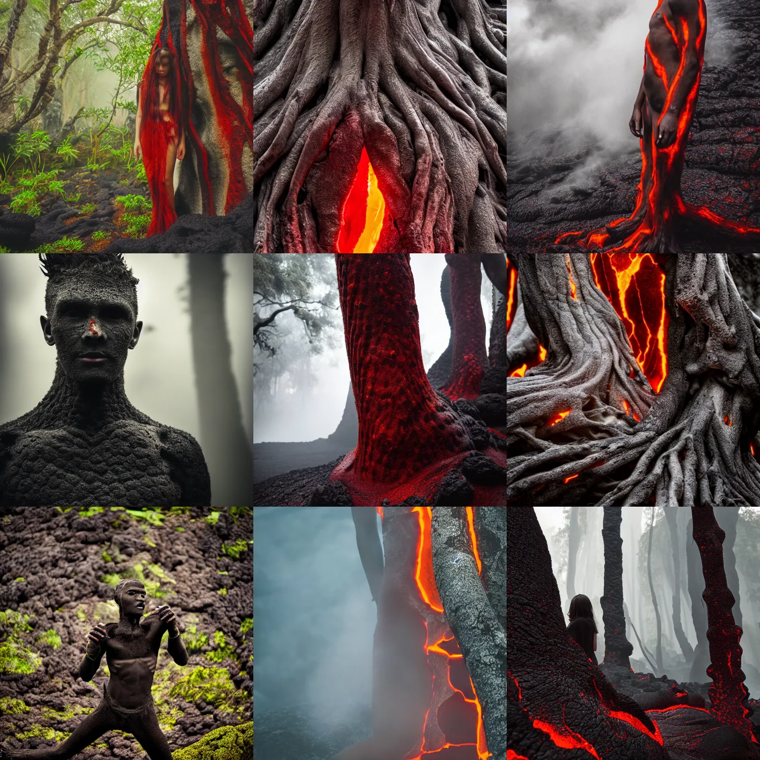 Prompt: beautiful lava human, exotic trees, bare bark, dark eyes, low angle mist, high octane, frostbite, 8 k, cinematic, 3 5 mm
