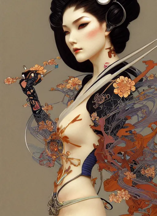 Prompt: geisha organic cyborg, diffuse lighting, fantasy, intricate, elegant, highly detailed, lifelike, photorealistic, digital painting, artstation, illustration, concept art, smooth, sharp focus, art by john collier and albert aublet and krenz cushart and artem demura and alphonse mucha