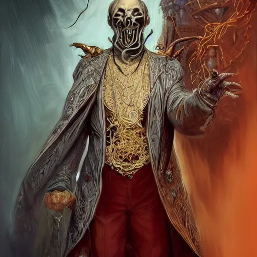 Prompt: - i full body portrait of a male magician with an awesome detailed mask controlling ghosts and spirits, spooky, horror, gothic, d & d, fantasy, intricate, elegant, highly detailed, digital painting, artstation, concept art, smooth, sharp focus, illustration, art by artgerm and greg rutkowski and alphonse mucha