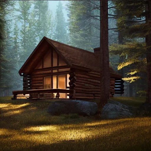 Image similar to a cabin in the woods, octane render