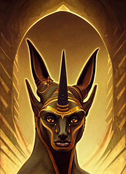 Prompt: close up portrait of evil anubis, egyptian symbolism, fair olive skin, yellow pupils, sneering moroccan man by artgerm, cushart krenz, greg rutkowski, mucha. art nouveau. gloomhaven, swirly looping ripples, dark colors, sharp edges. ultra clear detailed. 8 k. elegant, intricate, octane render