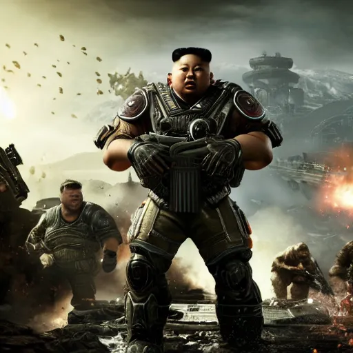 Image similar to kim - jong un in gears of war, splash art, movie still, detailed face, cinematic lighting, dramatic, octane render, long lens, shallow depth of field, bokeh, anamorphic lens flare, 8 k, hyper detailed, 3 5 mm film grain