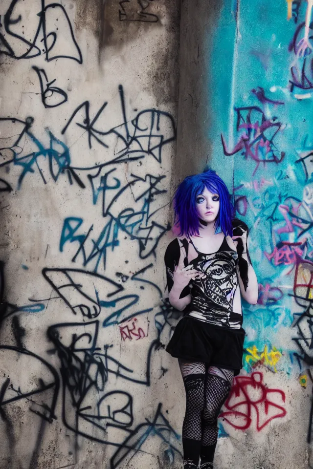 Image similar to a portrait of a grunge emo girl who has blue hair, a nose ring, black nails, fish net leggings, and is outside of a abandoned building with graffiti on it. Shallow depth of field. 4k hyperdetailed. Rendered with octane.