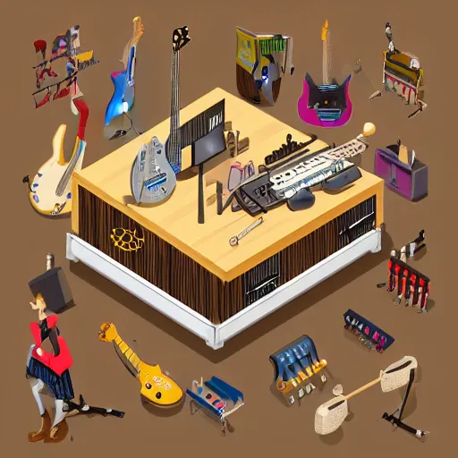 Prompt: isometric view of a large instrument machine, rube goldberg style, made of instruments, guitar, drum, beautiful