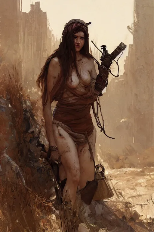 Prompt: a full body portrait of a beautiful post apocalyptic offworld quarter bedouin blind pulp fiction scarlet wild rogue barbarian leper begging by the roadside, intricate, elegant, highly detailed, digital painting, artstation, concept art, smooth, sharp focus, illustration, art by krenz cushart and artem demura and alphonse mucha