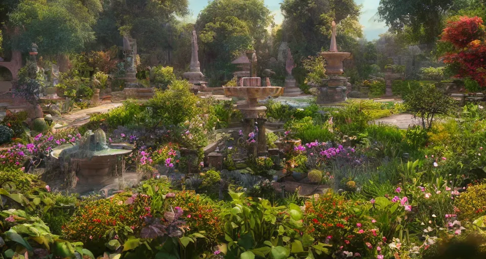 Prompt: Beautiful garden, next to a fountain and a mystical palace, hyperdetailed, artstation, cgsociety, golden hour 8k