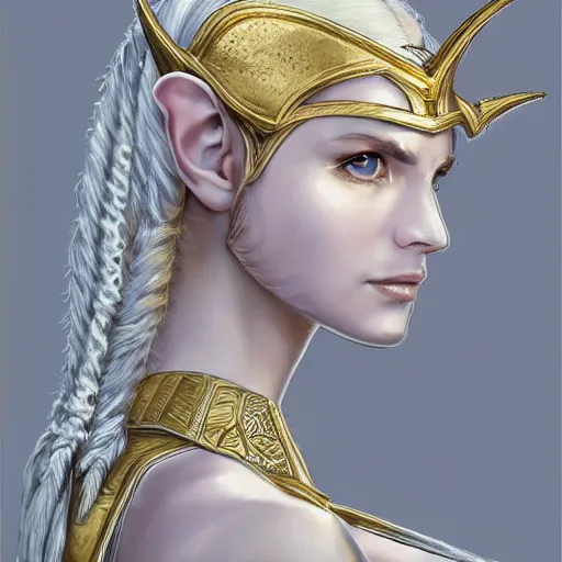 Image similar to side portrait!!! of a female elven warrior, fantasy, head tilted down, white hair, gold armour, gold jewelry, white skin, detailed face!!!!!, trending on artstation, gsociety, D&D, elegant, symmetrical facial features, highly detailed, sophisticated, hyperrealistic, detailed illustration, smooth, sharp focus, upper body, intricate, rule of thirds, holy glow, backlit, hd 4k by Greg Rutkowski, Charlie Bowater, Karol Bak