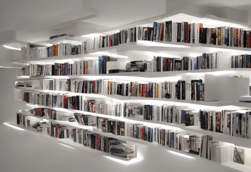 Prompt: bookshelves with led strip lights under each shelf, up close, homes and gardens, super detailed render, award winning,