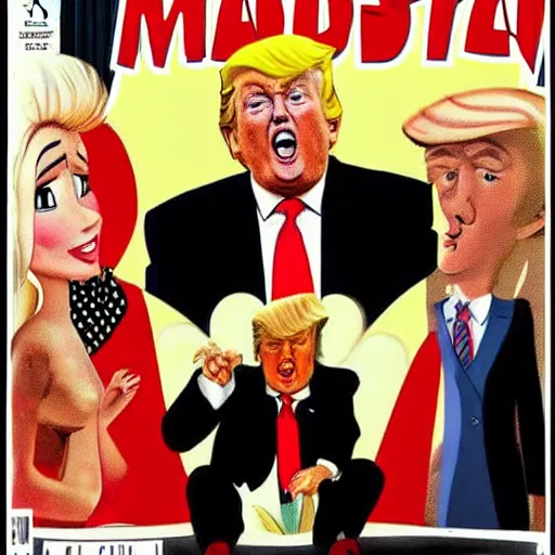 Image similar to Donald Trump on the cover of MAD art style Al Gaffee