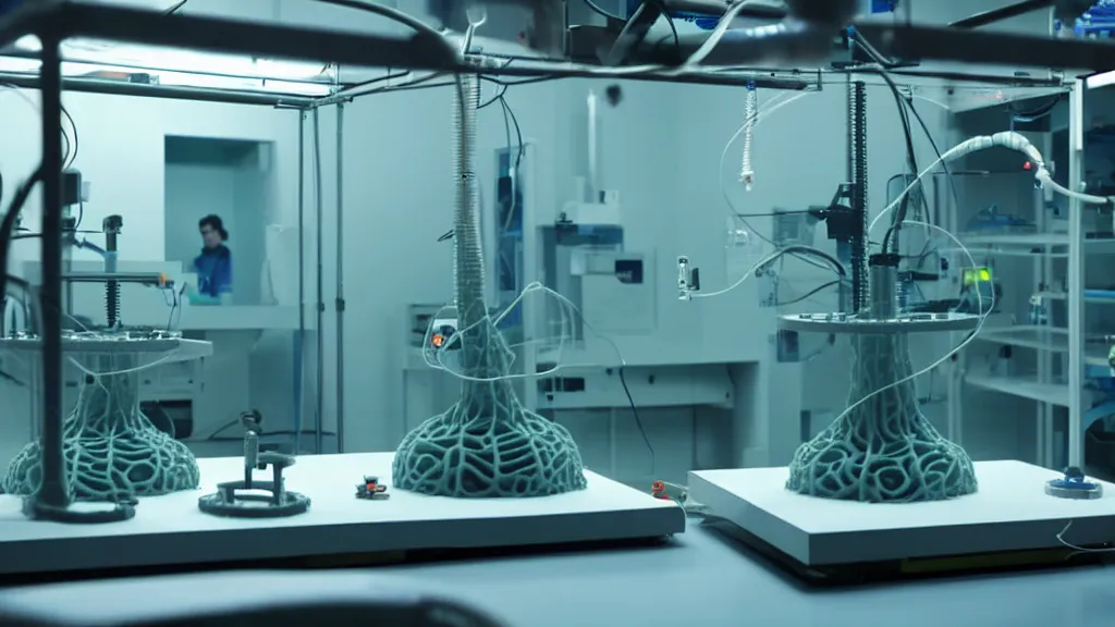 Image similar to a octoidal mri 3 d printer machine and control panels in the laboratory inspection room making organic forms, film still from the movie directed by denis villeneuve with art direction by salvador dali, wide lens