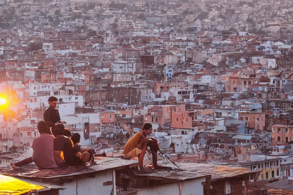 Image similar to two guys are sitting on the roof of a house against the background of the city during sunset