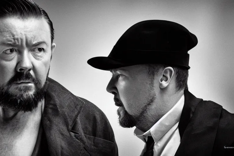 Prompt: an 8 5 mm portrait of ricky gervais as a 1 7 0 0's gangster by gustave baumann, lomography lady grey, ultra realistic, beautiful lighting, dramatic, noise, aron demetz, film