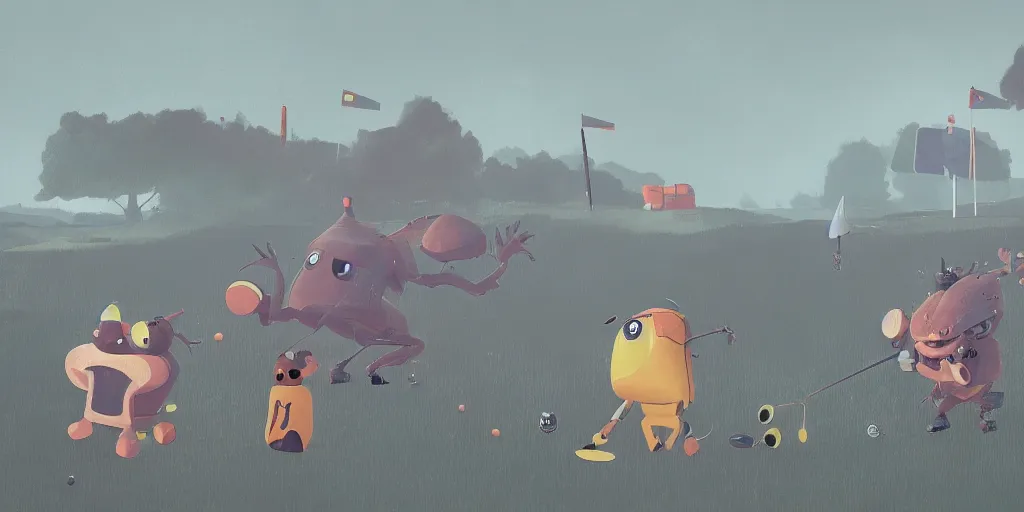 Prompt: cute cartoon monsters golfing at St Andrews Scotland by Goro Fujita and Simon Stalenhag , 8k, trending on artstation, hyper detailed, cinematic