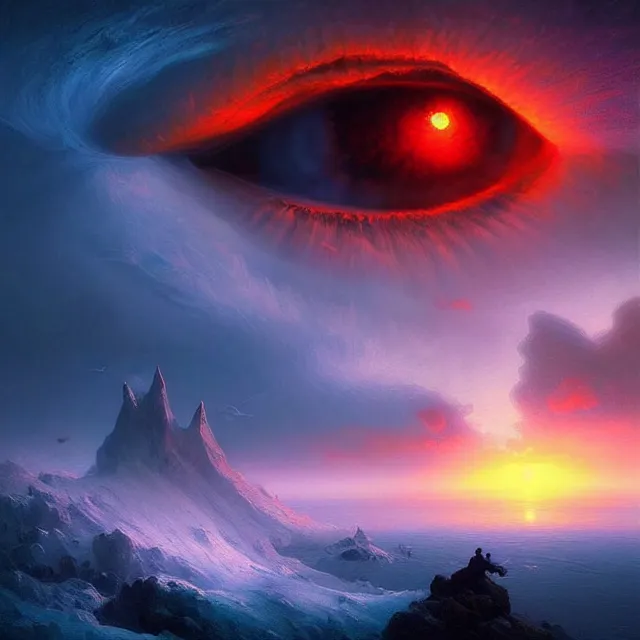 Image similar to fantasy aerial iceland landscape in the form of the human eye!!!!!, volumetric lighting, colorful, sharp and focus, ultra detailed, beautifully lit landscape, astrophotography, in the art style of dan mumford, ivan aivazovsky and marc simonetti