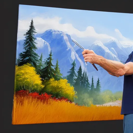 Prompt: a closeup photorealistic photograph of bob ross working on a canvas painting of iron man at a distance. mountain scape. film still, vibrant colors. this 4 k hd image is trending on artstation, featured on behance, well - rendered, extra crisp, features intricate detail, epic composition and the style of unreal engine.