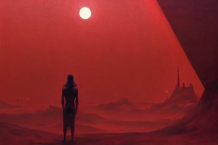 Image similar to only with red, a red god of death eat apple, a futuristic city on mars in background, an ancient path, pathos, in the style of beksinski, part by hopper, part by rodcenko, part by hofbauer, intricate composition, red by caravaggio, insanely quality, highly detailed, masterpiece, red light, artstation