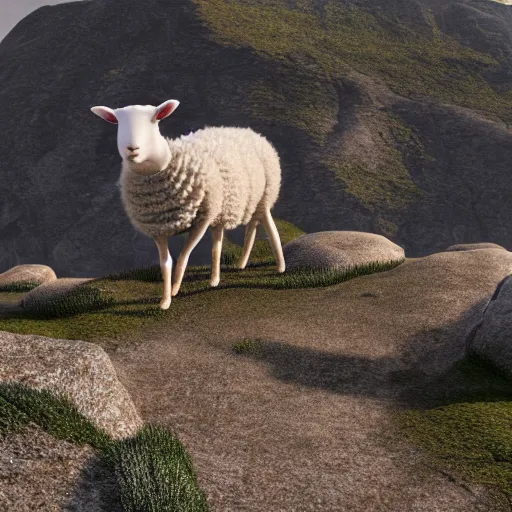 Image similar to lamb wearing a sweater, hills in the background, concept art, octane render, unreal engine 5, highly detailed, high quality, 8 k, soft lighting, realistic face, path traced