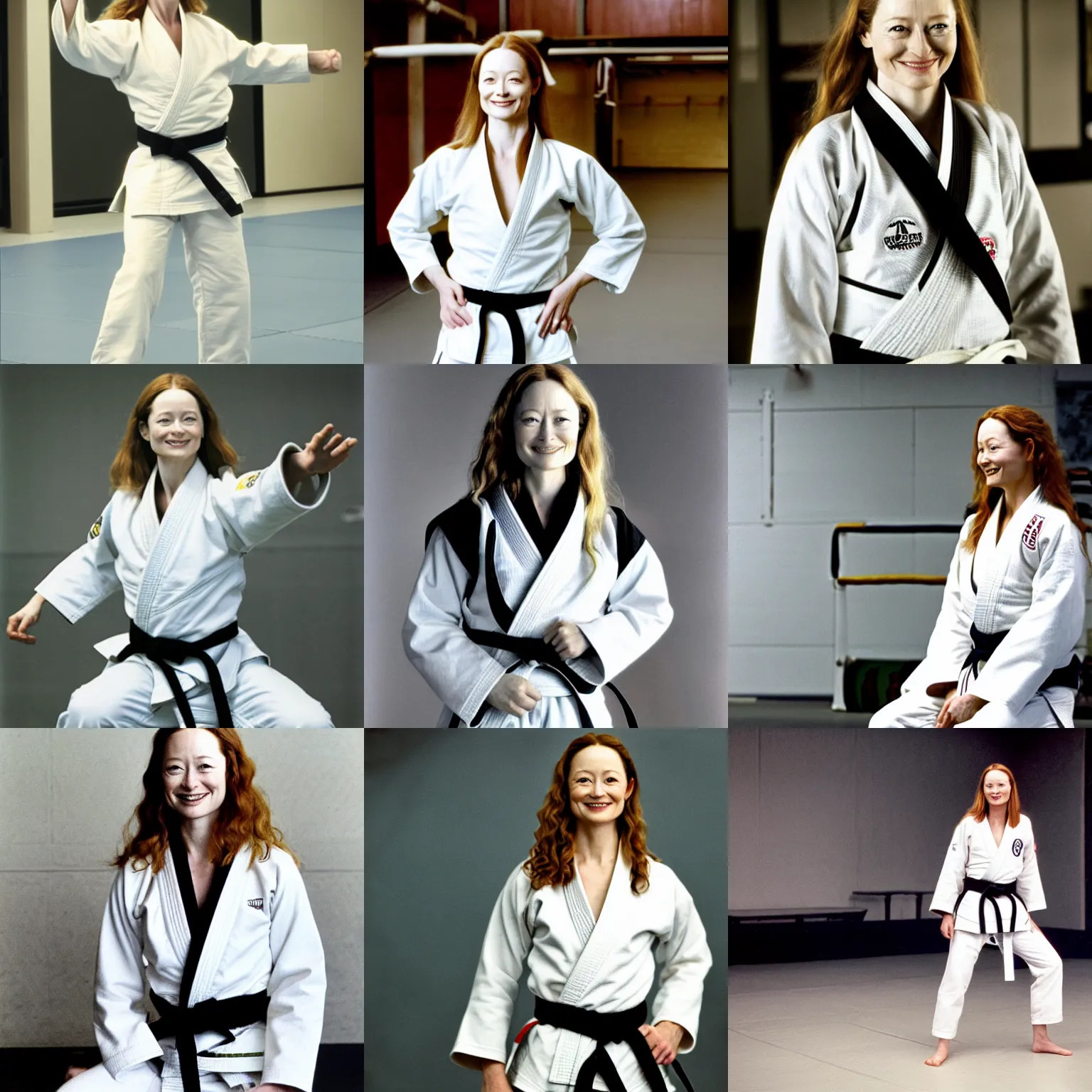 Prompt: Miranda Otto/Eowyn as a judo black belt teacher, wearing white clothes, in a gym, smiling, 1918, detailed high quality photo by Annie Leibovitz