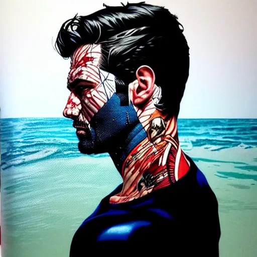 Prompt: a portrait of a man with side profile blood in ocean intricate details by MARVEL comics and Sandra Chevrier