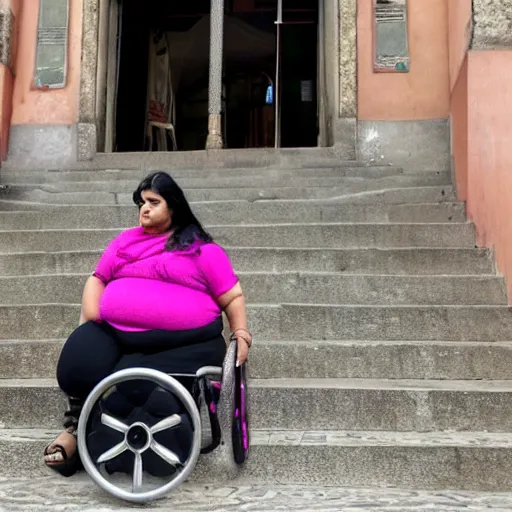 Image similar to an obese indian woman in a wheelchair on steps in Porto, detailed photo