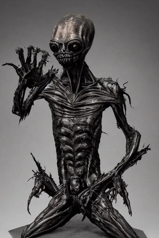 Prompt: giger sculpture of an alien from the movie alien holding a severed human by francisco jose de goya, giger, pixiv, vanitas, chiaroscuro, grotesque, demonic photograph