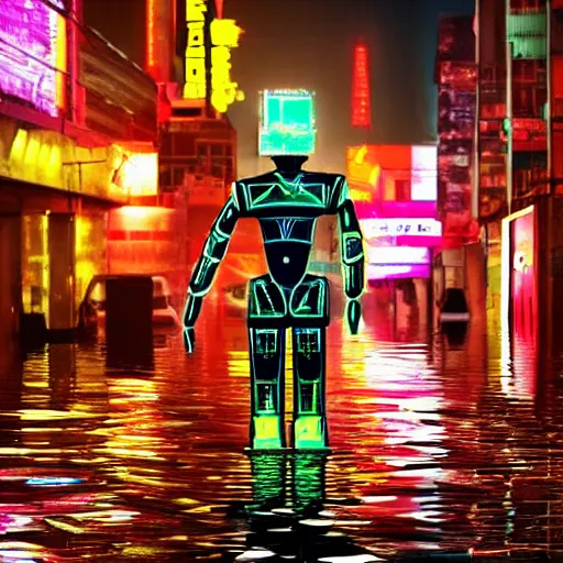 Image similar to a humanoid robot wearing a torn transparent plastic cloak walking the flooded streets of an abandoned futuristic city with neon signs,
