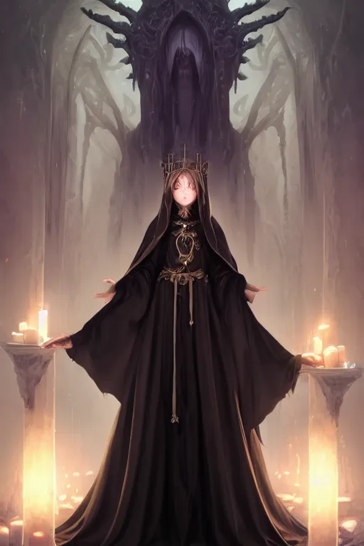 Image similar to a beautiful eldritch priestess girl standing on an altar wearing thick black robes | | cute - fine - face, photorealistic, hyperrealistic, pretty face, fine details by stanley artgerm lau, wlop, rossdraws, james jean, andrei riabovitchev, marc simonetti, and sakimichan, trending on artstation