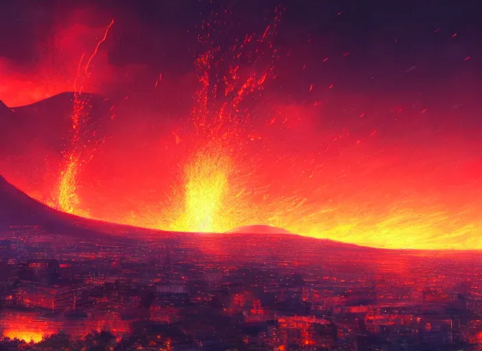 Prompt: volcano erupting in the distance, with lava flowing through the city, at night, by wlop, anime key visual, cozy, death by fire, warm colors, key visual, high detail
