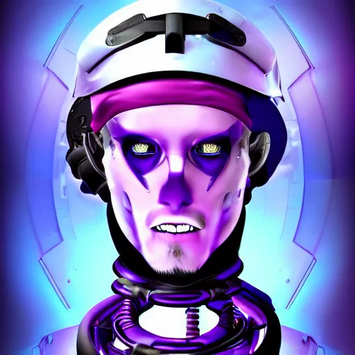 Prompt: a portrait photo of a futuristic sci - fi pirate, purple themed, cybernetically enhanced pirate, cyborg