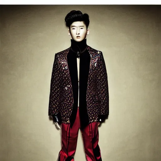 Image similar to a beautiful young korean male wearing moschino couture, photographed by erwin olaf