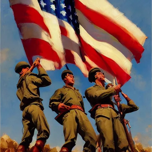 Image similar to greg manchess painting of a propganda poster of a group of soldiers raising the american flag, painting, trending on artstation, by huang guangjian and gil elvgren and sachin teng