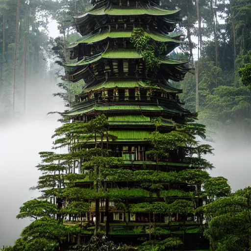 Image similar to abellanewsfoundation. org a full length portrait of a giant autonomous pagoda in a misty rainforest, surrounded by lush ferns and fir trees. surrounded by mountains and clouds and mist. featured on