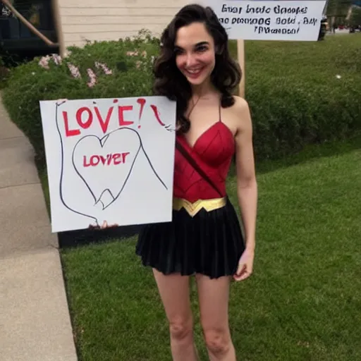 Prompt: Gal Gadot holding a sign that SHE LOVES MITCH!!!!!! as painted by Ralph Horsley